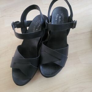 Kork-Ease Black Leather Slingback Wedge Sandals